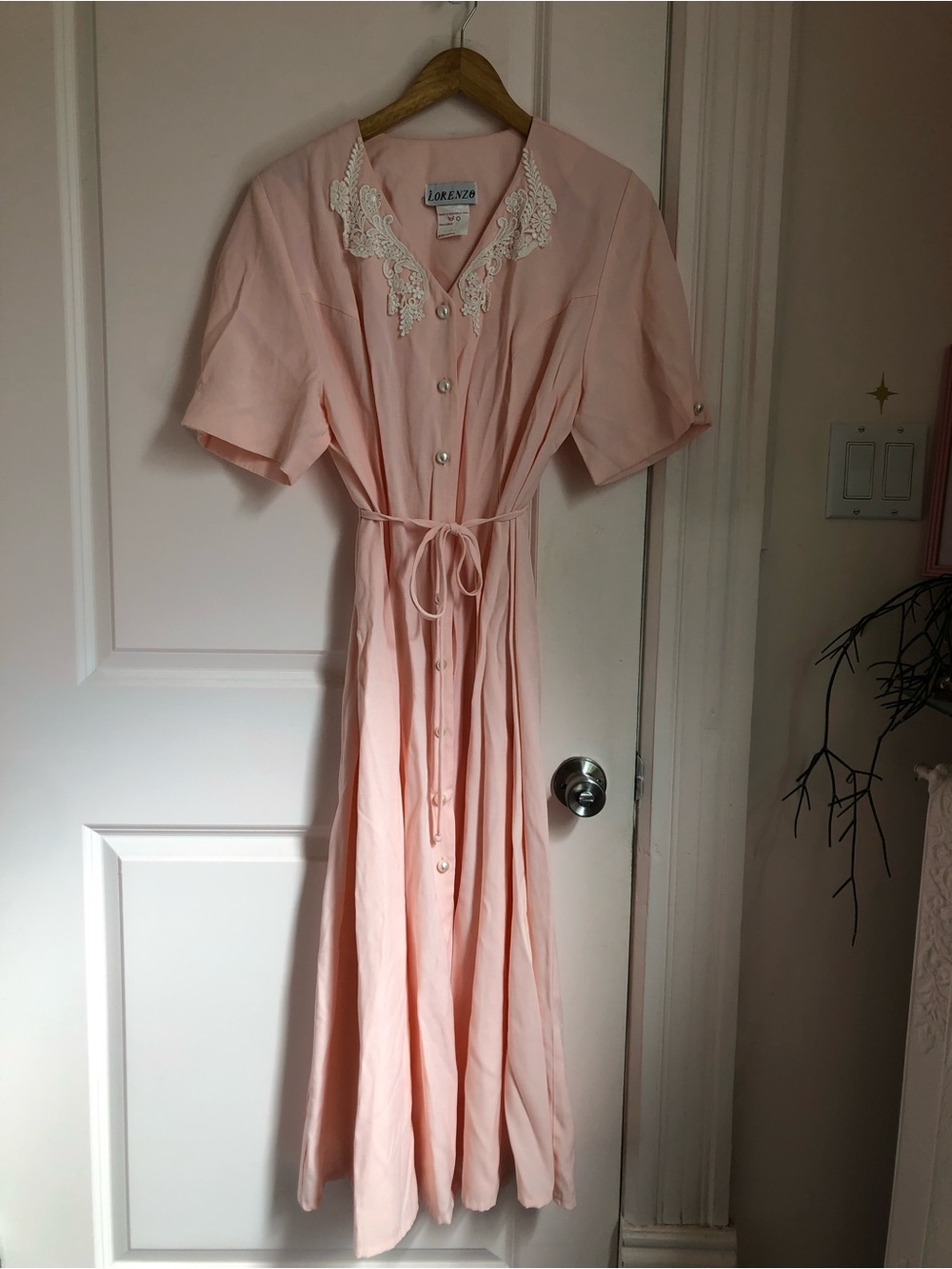 Vintage Blush Pink Button-Front Maxi Dress with Lace Collar